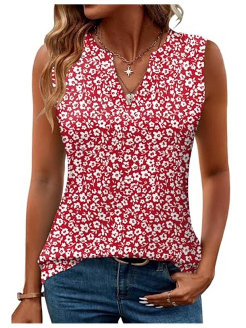 Red Floral Print V-Neck Sleeveless Blouse Casual Summer Tank Top
